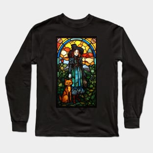 Stained Glass Style Lady With A Cat Long Sleeve T-Shirt